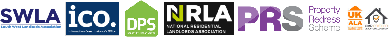 Accreditation badges for Lettings First Plymouth: SWLA, ICO, Deposit Protection Service, NRLA, Property Redress Scheme, UKALA, and Client Money Protect.